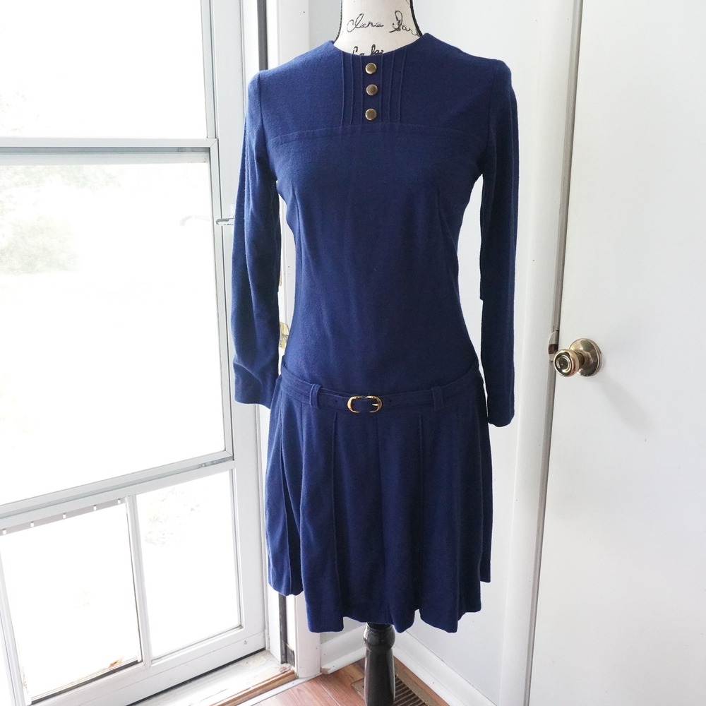 Vintage Pleated Dress Gold Button Belted Drop Waist Long Sleeve Navy S MCM